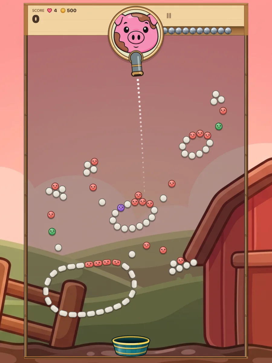 A court on iPad: Squelch the pig above the cannon, aiming at rings and clusters of smiling red and white pegs, with a washtub at the bottom by the barn