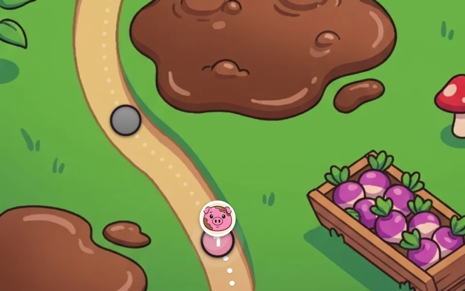 The first world, the Hog Wallow: Squelch the pig waits at the first stop on a dirt trail winding past a mud wallow and a crate of turnips
